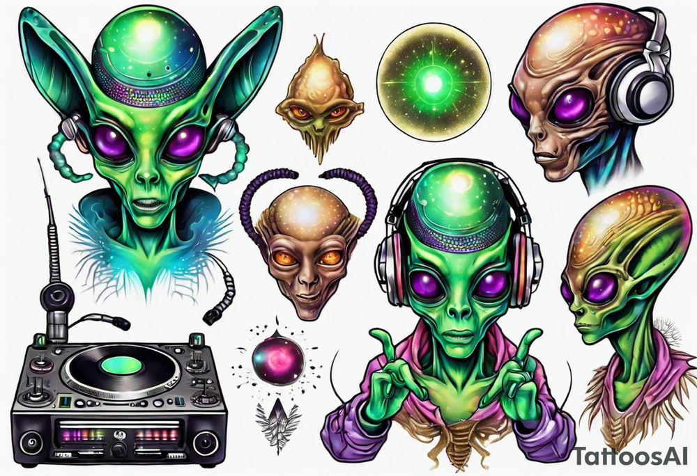 An alien DJ with a glowing pineal gland tattoo idea