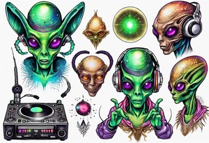 An alien DJ with a glowing pineal gland tattoo idea