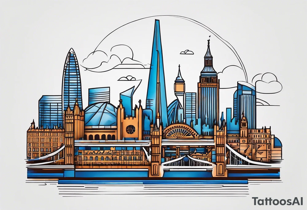 A minimalistic, abstract design capturing the architectural essence and vibe of London. Key elements of London’s skyline and structure are hinted at with clean lines, and subtle detailing includes personal touches, like a nod to Feid’s signature look (hat, glasses, mustache), integrated discreetly to honor a memorable concert experience. tattoo idea