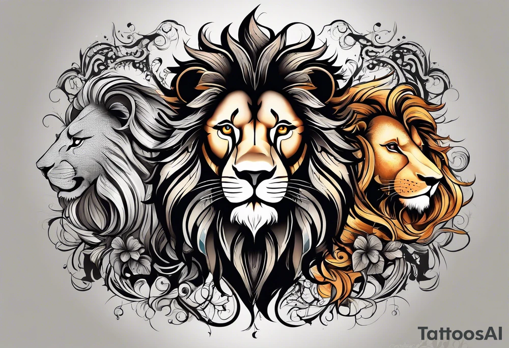 A powerful lion, Leo and a powerful Virgo, the balance between the two from Young to old whole sleeve very happy, very mysterious very dark, but cheerful at the same time tattoo idea