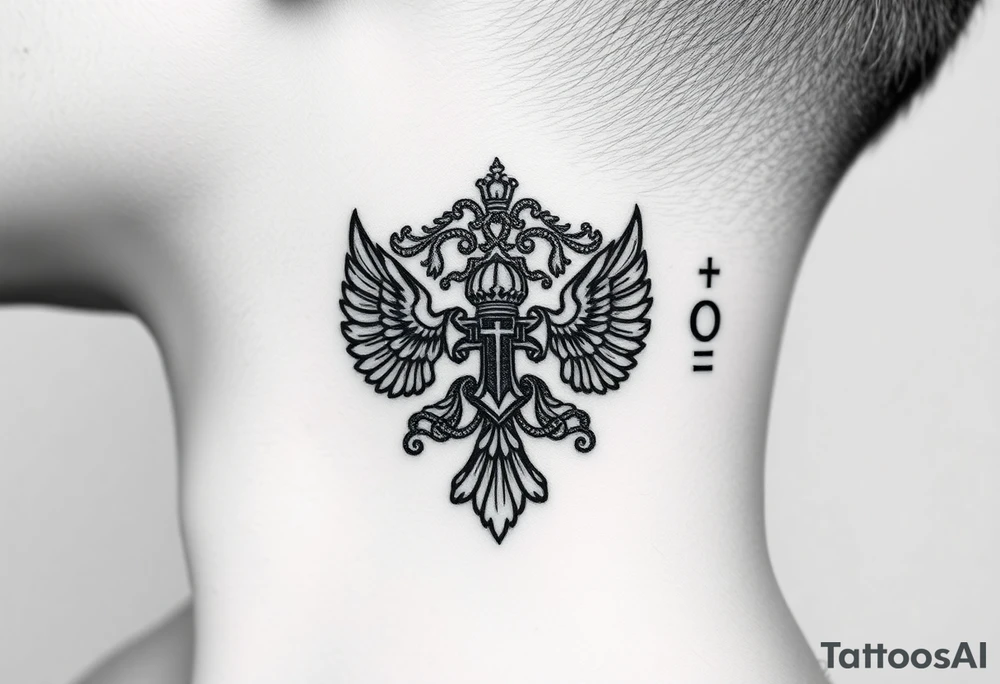 russian coat arms in a russian christian orthodox cross with the cross in the middle with a virgin mary & orthodox dome church on the side of the neck tattoo idea