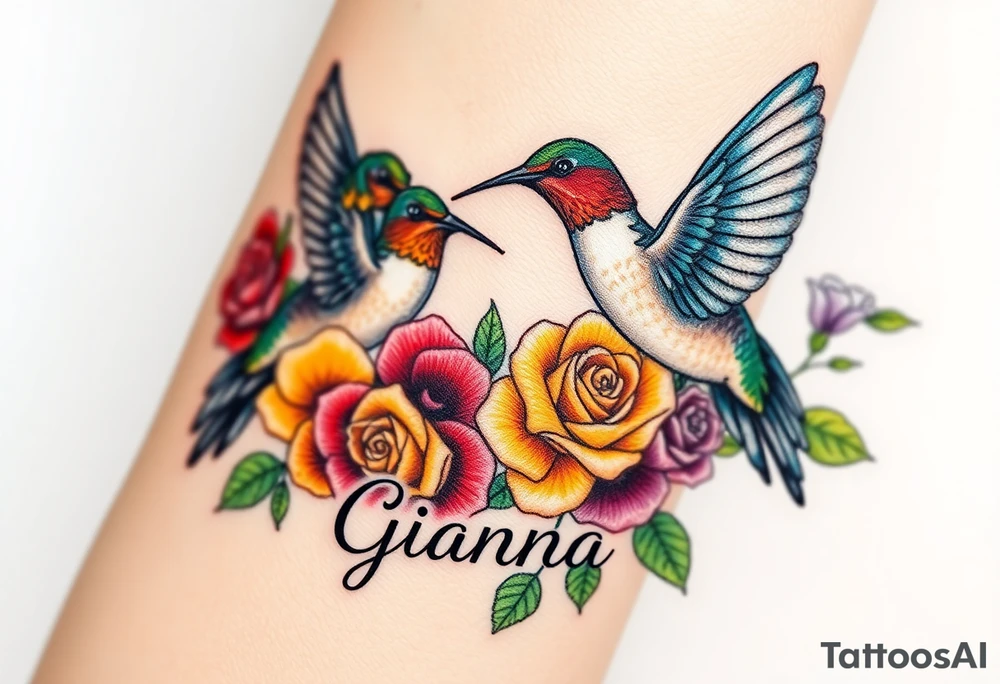 Beautiful majestic hummingbirds, surrounded by yellow, red and purple roses with the name Gianna tattoo idea
