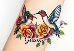 Beautiful majestic hummingbirds, surrounded by yellow, red and purple roses with the name Gianna tattoo idea