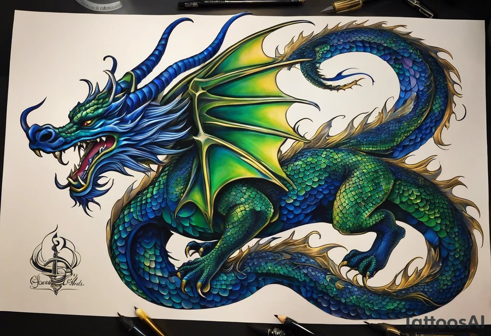 Surrealistic Tattoo: An epic with no wings, floating. Its long body coiling dynamically, with scales and horns detailed to create a sense of movement and strength. The dragon's main color is midnight blue but features accents in green, blue, and gold, giving a vibrant depth and a mystical aura. This tattoo highlights the dragon’s fierce expression and sharp claws as it wraps protectively around the leg. Style: Surrealism tattoo idea