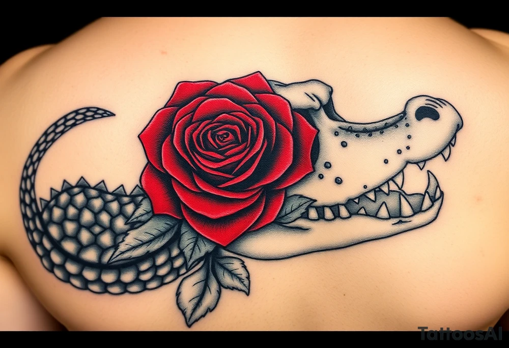 the Tudor rose at the center, all crimson petals edged in black velvet thorns, blooming right out of the skull’s eye socket like it’s growing from his bones. The skull’s grinning, but soft—like he’s in on the joke. And the alligator? He’s coiled around the whole thing, tail curling under the jaw, jaws open just enough to show teeth that look... almost tender. Like he’s protecting it. Or about to eat it.
Maybe a little mist, some ivy creeping up the spine of the rose. Dark greens, deep reds, charcoal shadows. No brights—just that old, heavy velvet feeling. tattoo idea