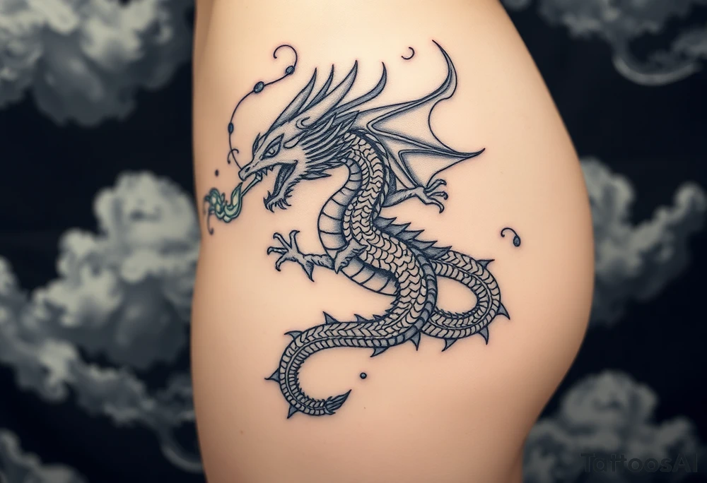 fierce dragon breathing iridescent fire against stormy skies tattoo idea