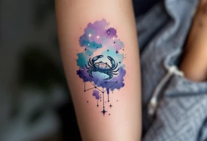 Violet and turquoise watercolor splash behind the Cancer stars constellation, with the crab subtly hidden in the background. tattoo idea
