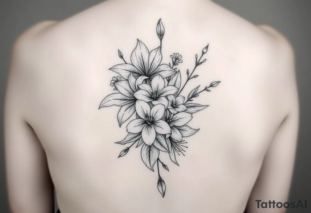 spider lilies with cherry blossoms and spider plant in a floral wrap on the arm tattoo idea