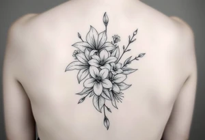 spider lilies with cherry blossoms and spider plant in a floral wrap on the arm tattoo idea