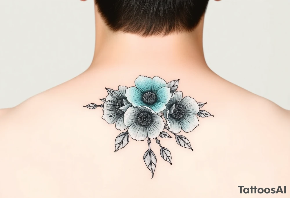 Turquoise colored mimosa flowers as a filler for an arm sleeve tattoo idea