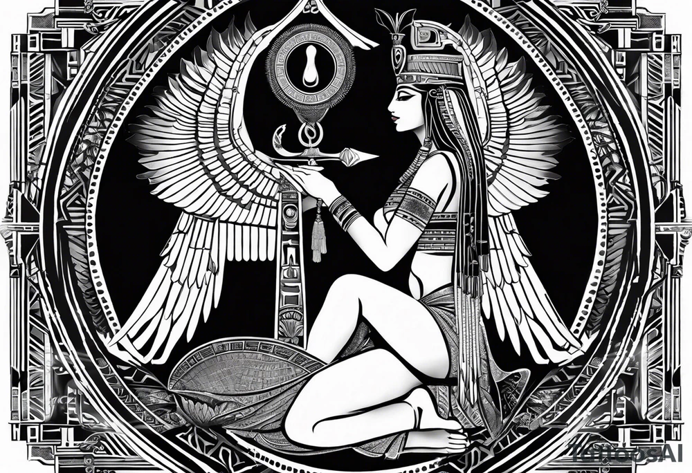 black and white Egyptian goddess Isis, who is often depicted as a woman with outstretched wings, holding an ankh (a symbol of life) in one hand and a lotus flower in the other. Her headdress often includes a throne or a solar disk. The tattoo design can vary in style and size, but it typically aims to capture the essence of this revered Egyptian deity, emphasizing her beauty, power, and maternal qualities. The choice of colors and additional elements can also be customized to create a unique and visually striking representation of the goddess Isis tattoo idea