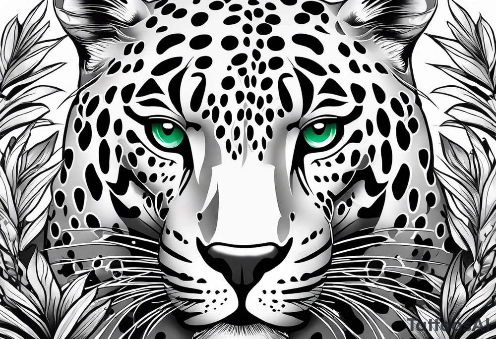Create and black and grey realistic jaguar walking toward you with rainforest background for a forearm tattoo. Have the jaguars eye colored with emerald green and mouth open tattoo idea