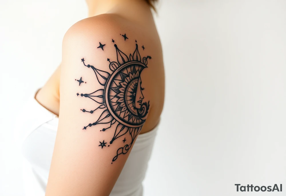 celestial sun and moon with constellation patterns runes in starry sky tattoo idea