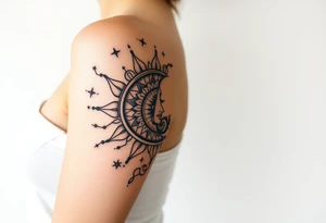 celestial sun and moon with constellation patterns runes in starry sky tattoo idea