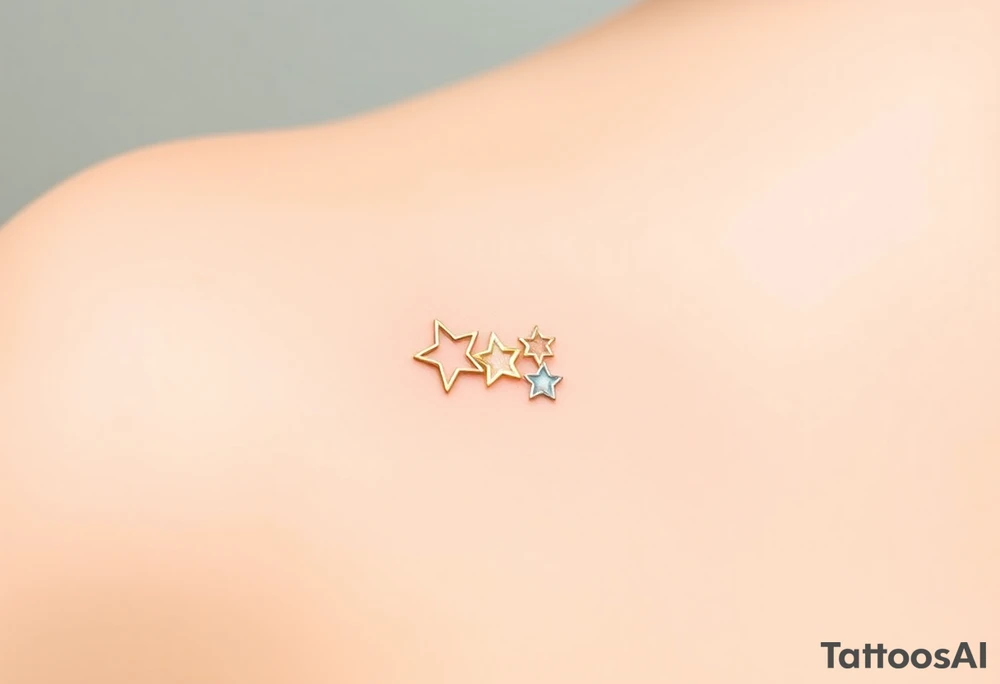 A small cluster of three delicate stars, varying in size, arranged in a diagonal line. The stars have a soft gradient effect, with the largest one in light gold, the second in silver, and the smallest in pale blue. The stars have a gentle, glowing effect around their edges to create a dreamy, ethereal feel. This design represents guidance, dreams, and wishes coming true. tattoo idea