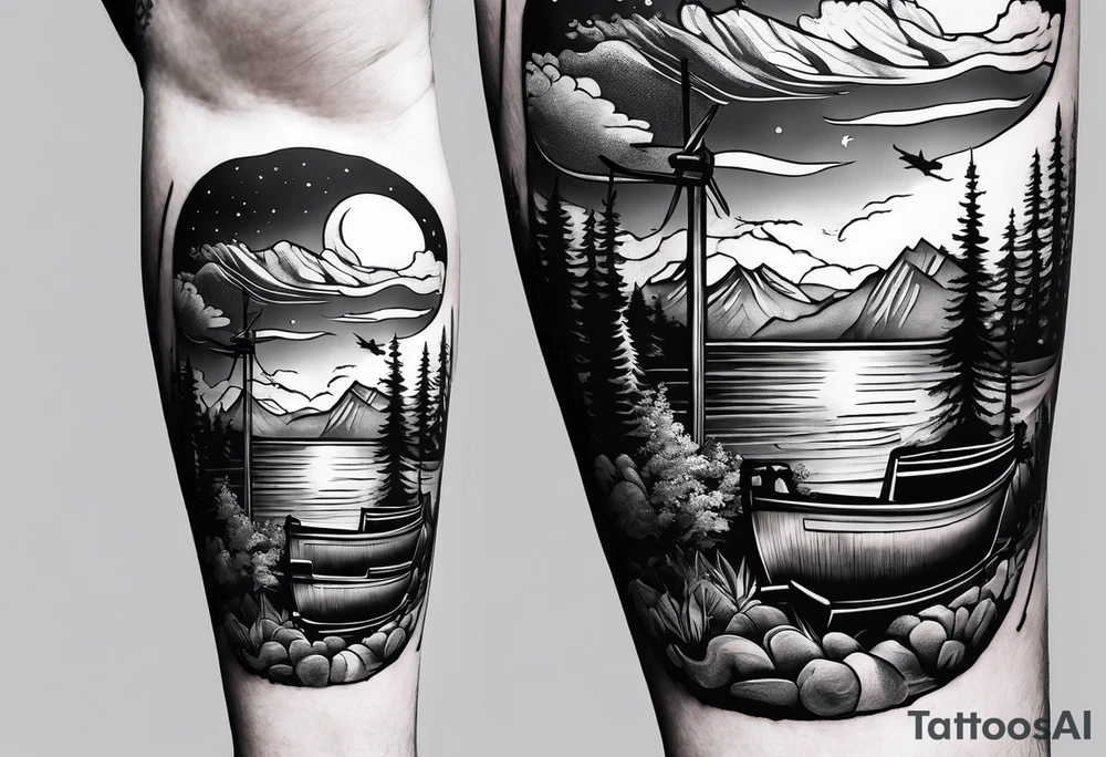 a half sleeve depicting a lifestyle of travel, family, hiking, roads, and scuba diving tattoo idea