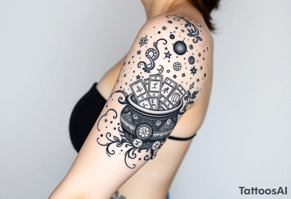 Milky way galaxy filled with zodiac symbols runes tarot cards coming out of a cauldron tattoo idea