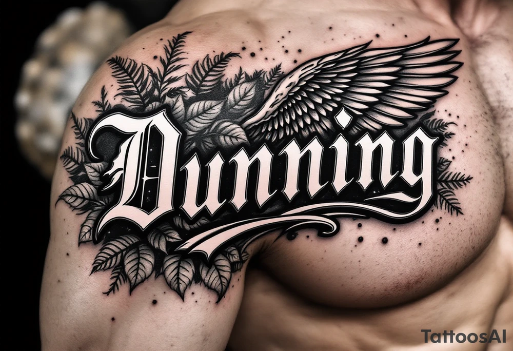 Dunning, Details include on left arm, name in white color,angel wing, wet jungle leaves,cool font, galaxy background filling, tattoo idea