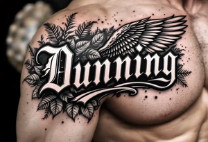 Dunning, Details include on left arm, name in white color,angel wing, wet jungle leaves,cool font, galaxy background filling, tattoo idea