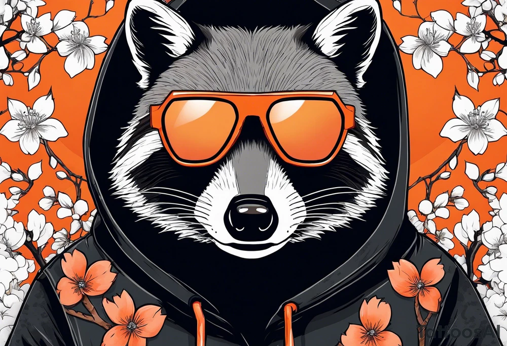 Raccoon wearing a white Superman logo on a black hoodie and orange Japanese cherry blossoms beside tattoo idea