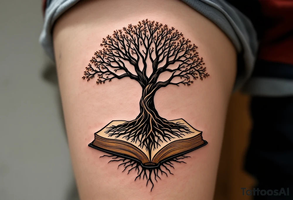 Tree growing out of an open book, roots tangled in the pages. Each page labeled with a generation: 1950 (Mary), 1972 (John), 1996 (Emily). Warm brown tones for the tree, aged parchment color for the book. tattoo idea