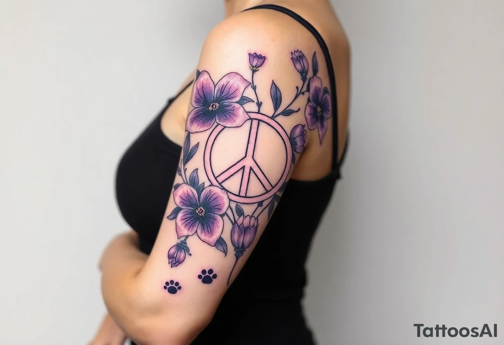 Intertwined Violets, peace symbol, Pisces symbol, dog prints, amethyst, initials csb in cursive font tattoo idea