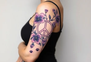 Intertwined Violets, peace symbol, Pisces symbol, dog prints, amethyst, initials csb in cursive font tattoo idea