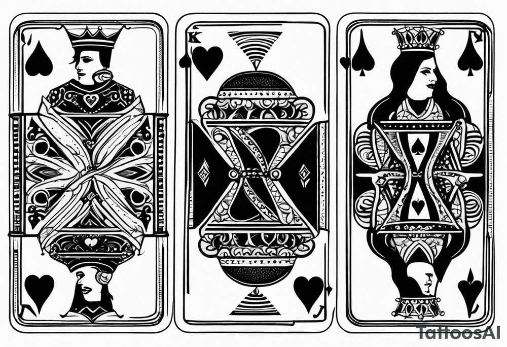 one playing card with both queen of hearts and king of spades incorporated in extreme minimalistic style tattoo idea