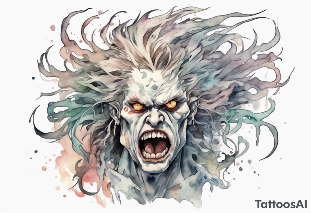 a pale creature walking upright with messy hair, white eyes, screaming tattoo idea