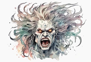 a pale creature walking upright with messy hair, white eyes, screaming tattoo idea
