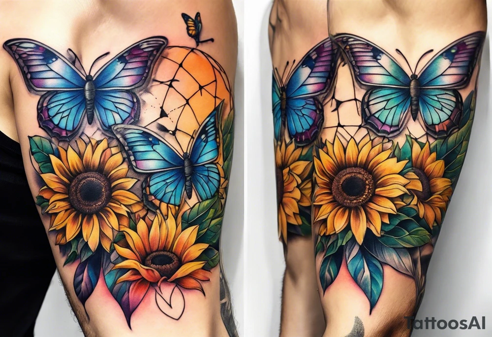 arm sleeve with dreamcatcher, rainbow sunflowers and one butterfly tattoo idea