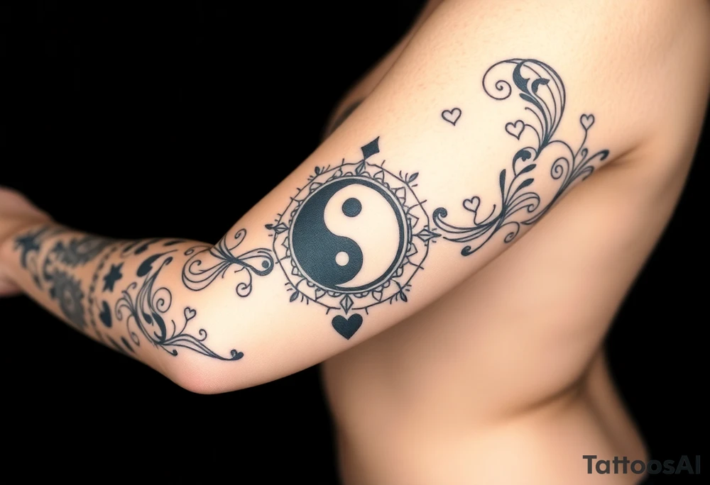 Magestic symbol combining ying yang, Gemini zodiac symbol, spiral Paisleys, and hearts tattoo idea