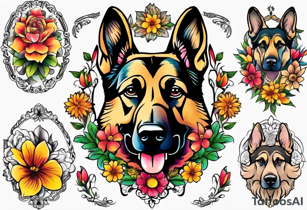 German shepherd portrait brightly colored flower frame tattoo idea