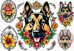 German shepherd portrait brightly colored flower frame tattoo idea