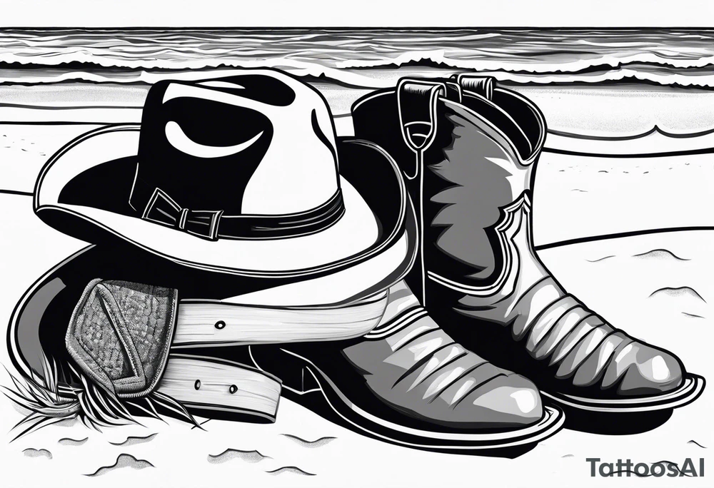 A pair of mens boots, a pair of flip flops and a cowboyhat on the Beach. Keep it simple tattoo idea