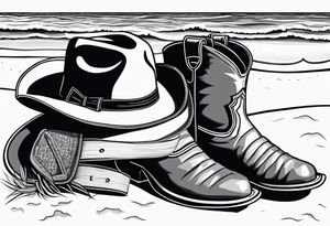 A pair of mens boots, a pair of flip flops and a cowboyhat on the Beach. Keep it simple tattoo idea