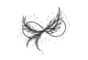 infinity symbol woven with floating feathers and stardust tattoo idea
