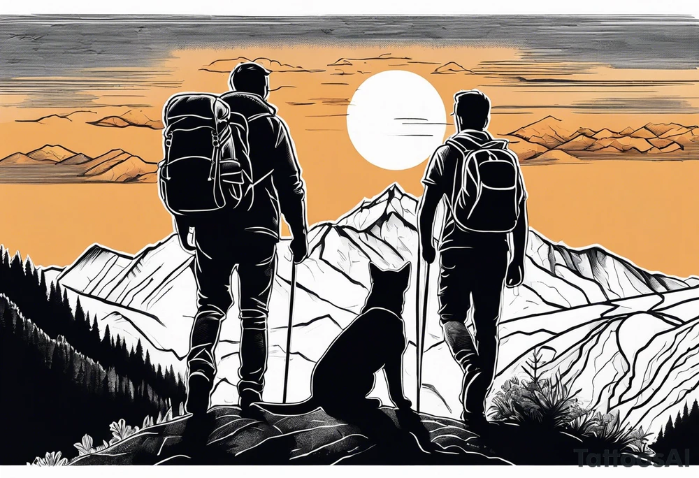 nature, sunset, mountains, a father and son hiking with their dog and cat and a cross tattoo idea
