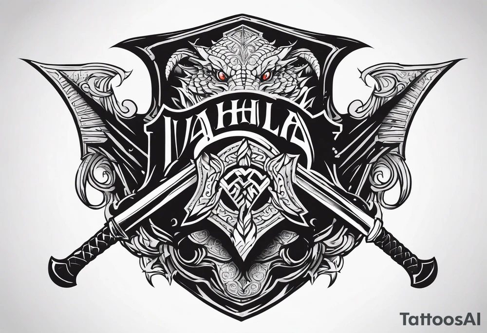 Valhalla sword shield dragon head axe tattoo idea