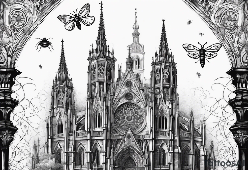 Gothic cathedral with beauty girl face with horror eyes and insects tattoo idea