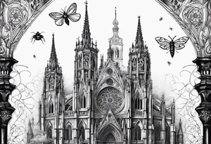 Gothic cathedral with beauty girl face with horror eyes and insects tattoo idea