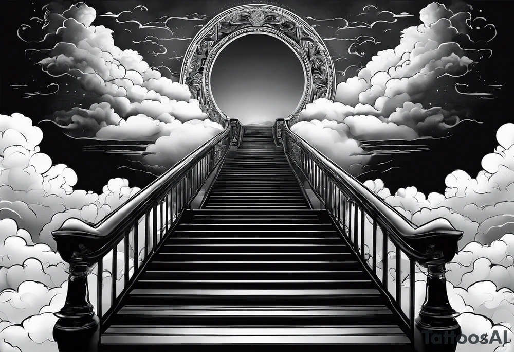 Staircase that leads through the clouds to heaven and ends at the gates of heaven. At the end there is a bright light tattoo idea