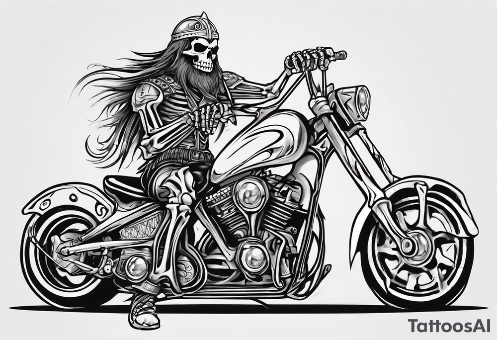I want a tattoo of a motorcycle and a skeleton in the back with the name “Viking Customs” incorporated in the design tattoo idea