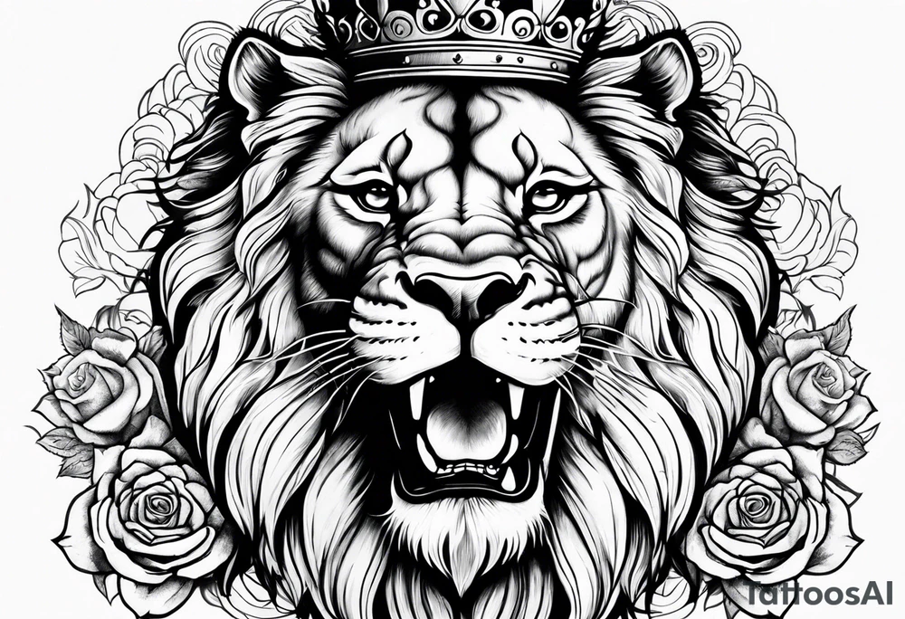 Roaring Lion with crown  with roses tattoo idea