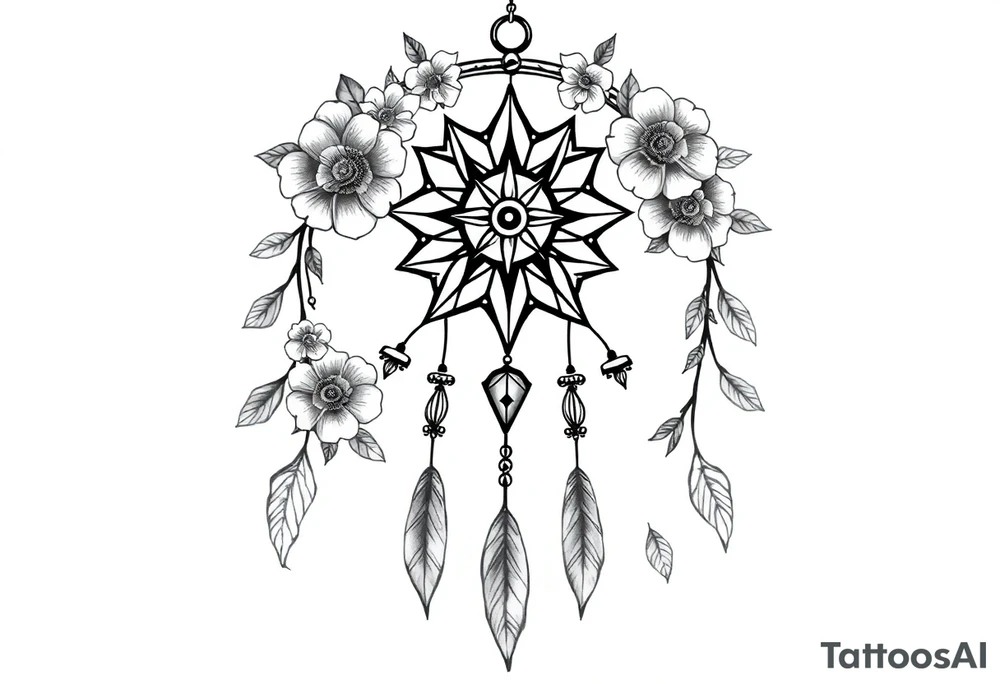 Boho dream catcher with compass and anchor Beautiful flowers and an ornamental chandelier like look tattoo idea