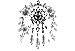 Boho dream catcher with compass and anchor Beautiful flowers and an ornamental chandelier like look tattoo idea
