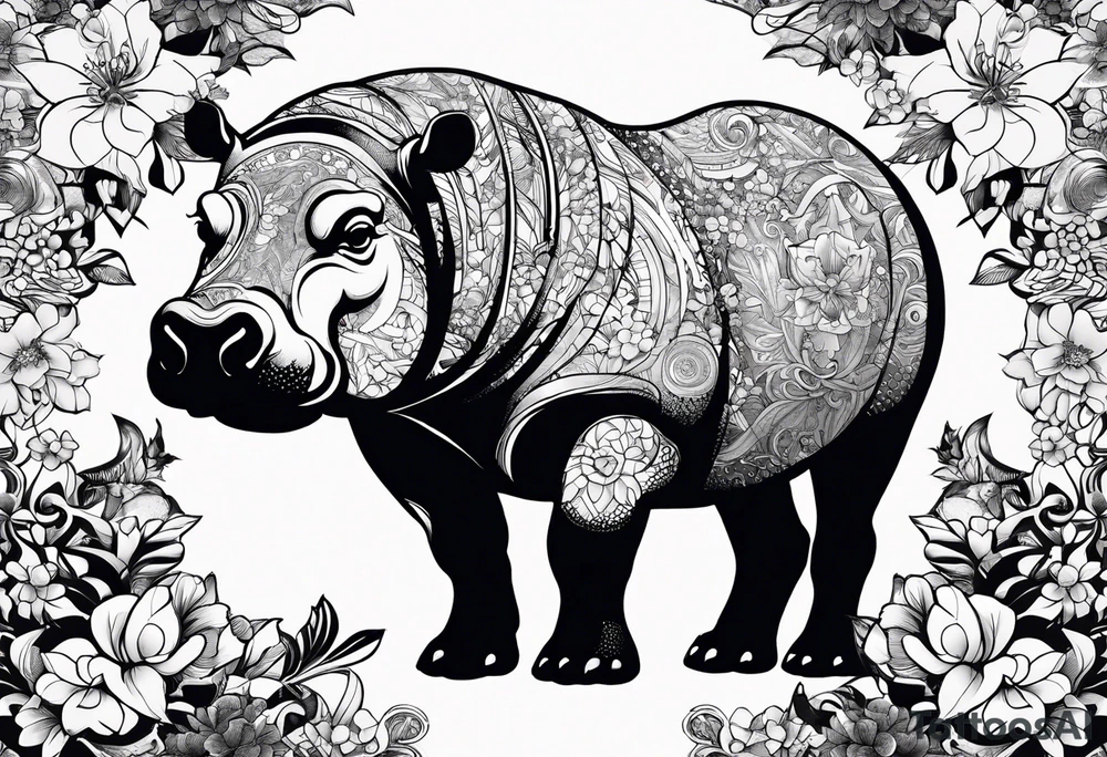 Hippo, flowers, moon, interstella, gothic,
Extreme fine lines, tribal, geometric, japanese, artistic tattoo idea