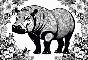 Hippo, flowers, moon, interstella, gothic, 
Extreme fine lines, tribal, geometric, japanese, artistic tattoo idea