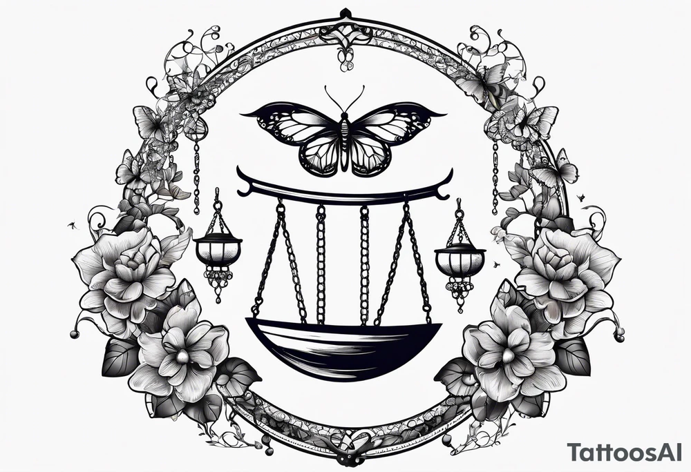 Half moon decorated with butterflies libra scales hanging from the bottom tattoo idea