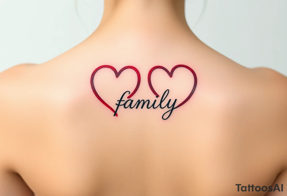 Colorful heart-shaped infinity loop endings, and the word "family" elegantly placed at the center in a soft script tattoo idea